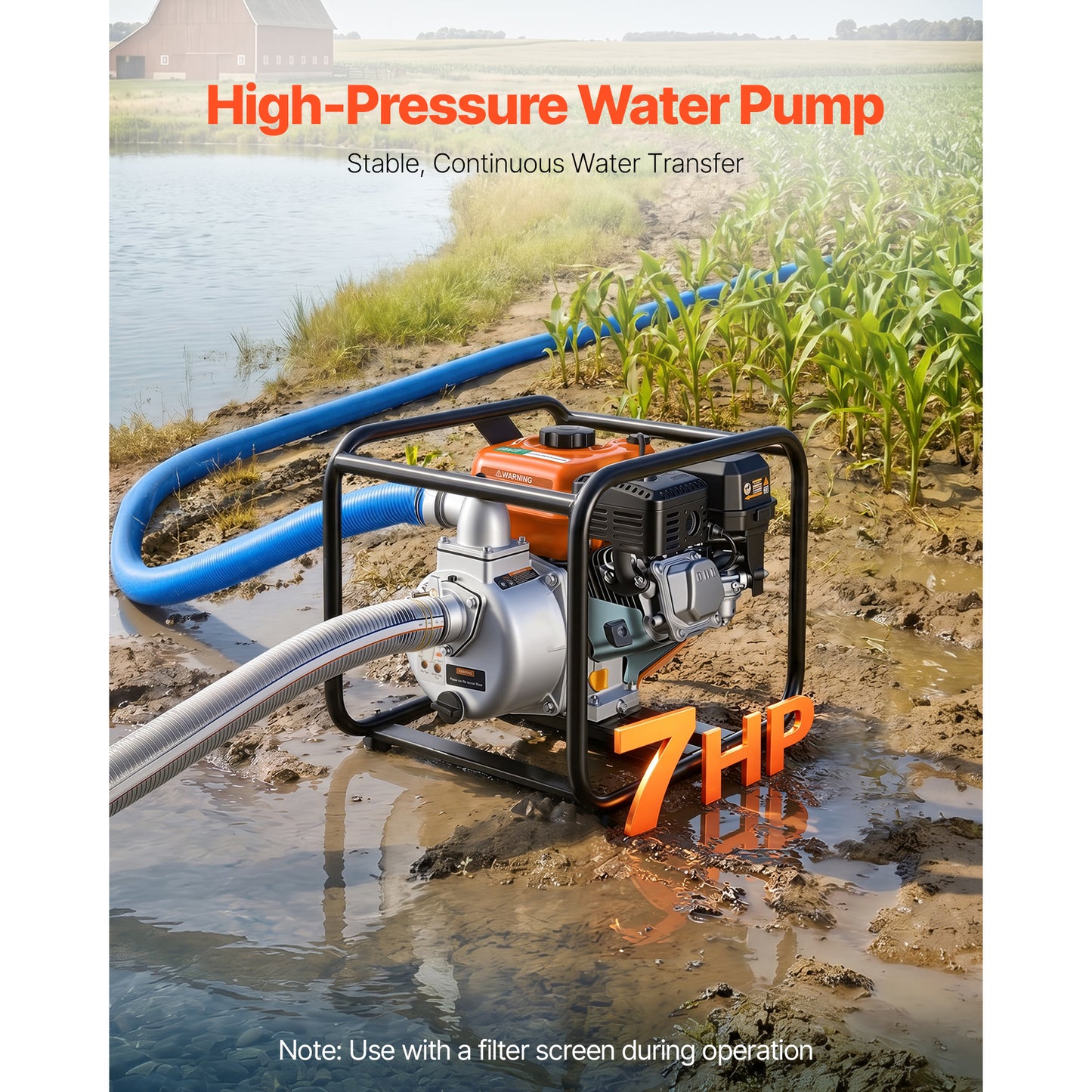 Gas Powered Water Pump 2 Inch 132 GPM 7HP Semi Trash Transfer Pump Portable