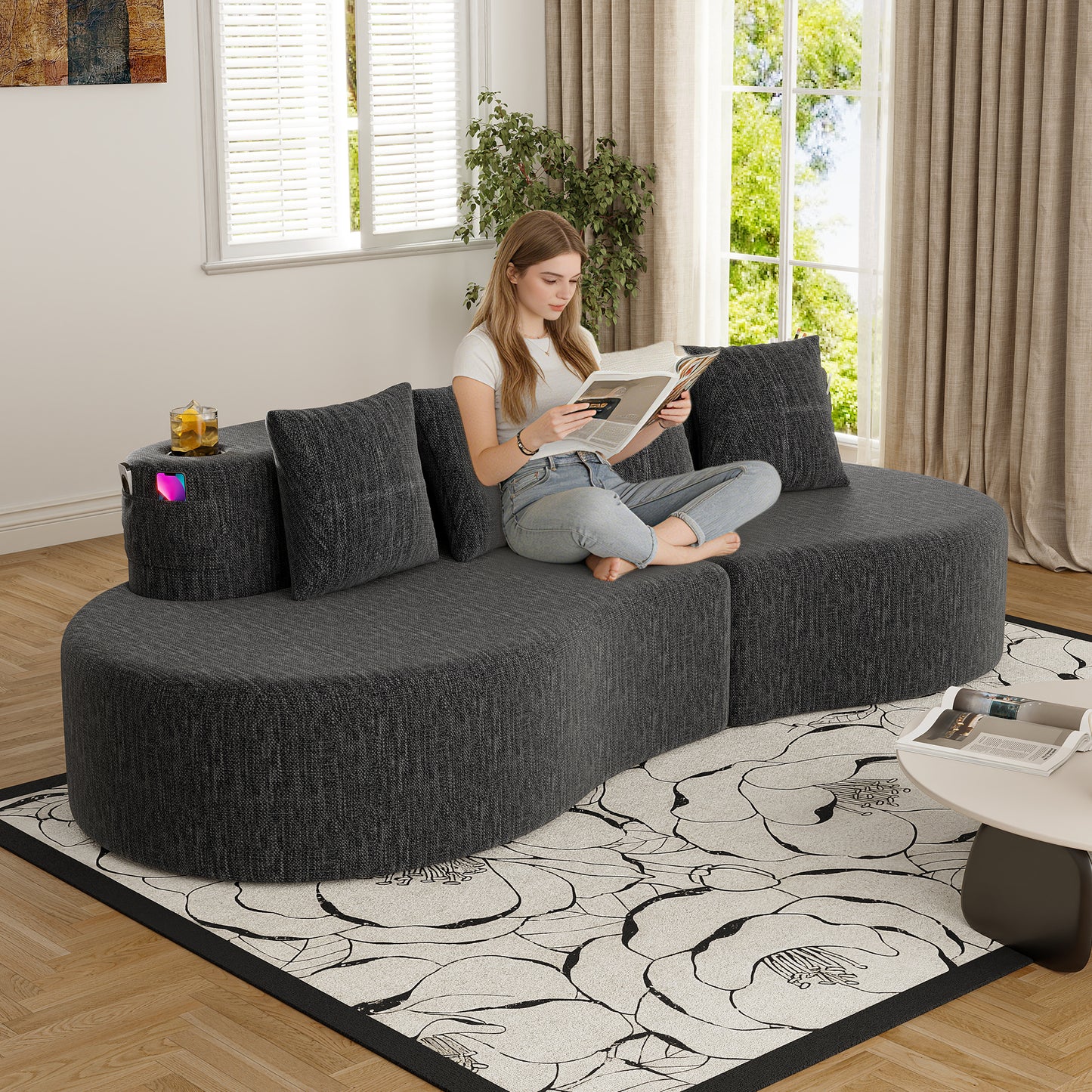 Modern Curved Sectional Sofa - 3 Seat Dark Gray Minimalist Design