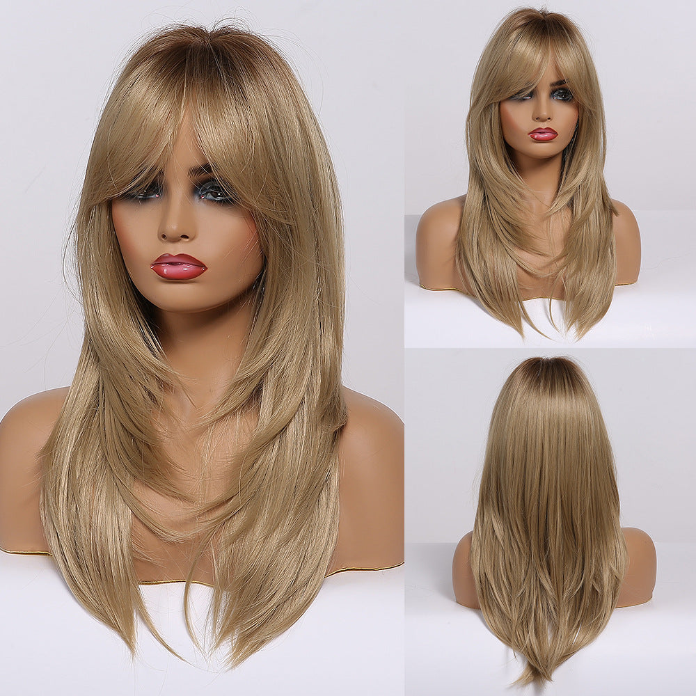 Mid-Length Straight Hair Wig with Gradient Colors for Ladies - Synthetic Fiber, Multiple Shades
