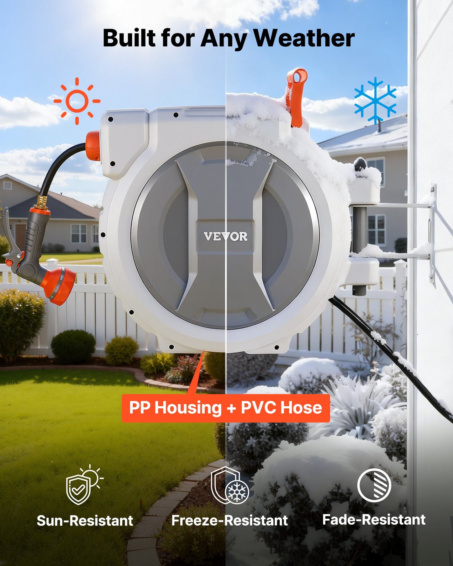Retractable Garden Hose Reel with 130 Ft & 9-Function Spray Nozzle - Wall Mount, Black