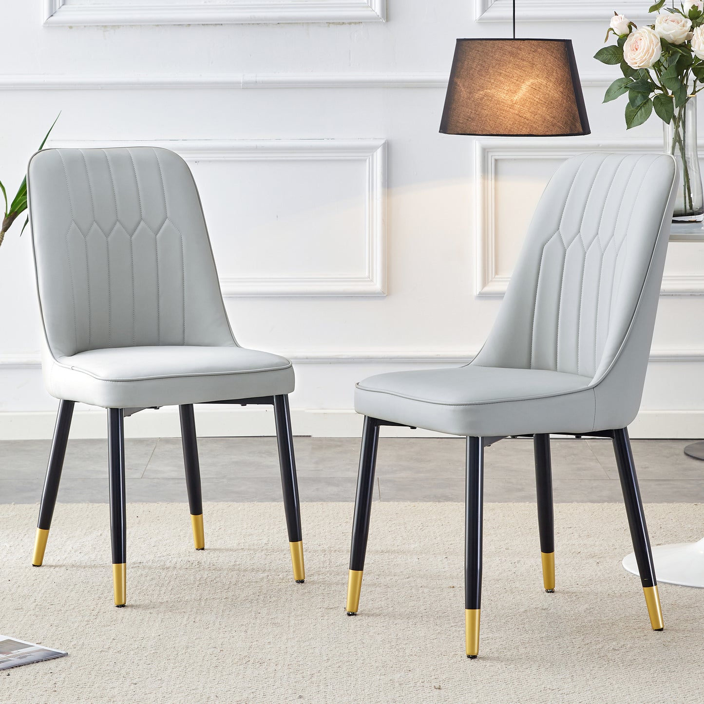 Light Gray Dining Chairs - 2 Piece Set with PU Material & Metal Legs