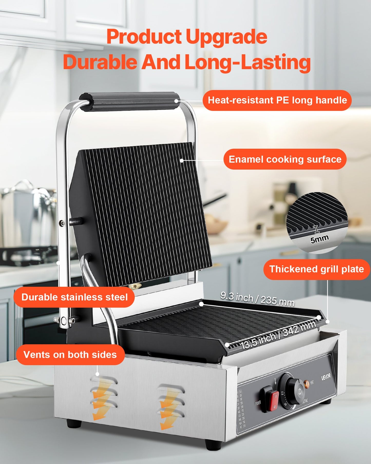 Commercial Electric Panini Press Grill - 13.5x9.3 in Sandwich Maker, Stainless Steel