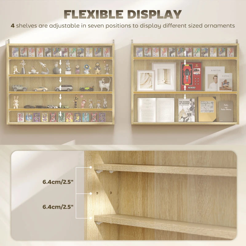 5-Tier Wall-Mounted Display Cabinet with Glass Doors - Oak
