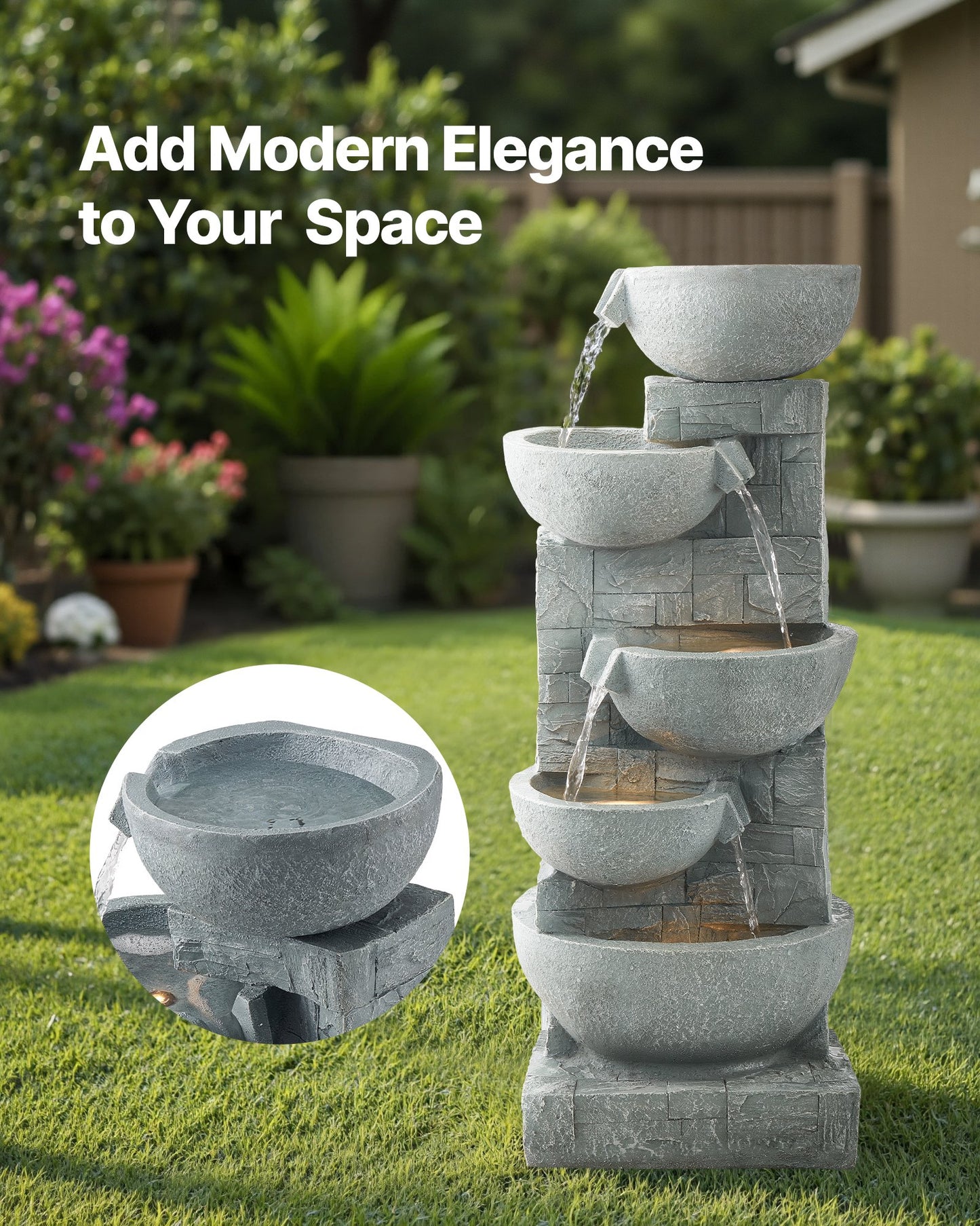 Outdoor 5-Tier Bowls Water Fountain - Cascading Garden Decor, 31.5 Inch