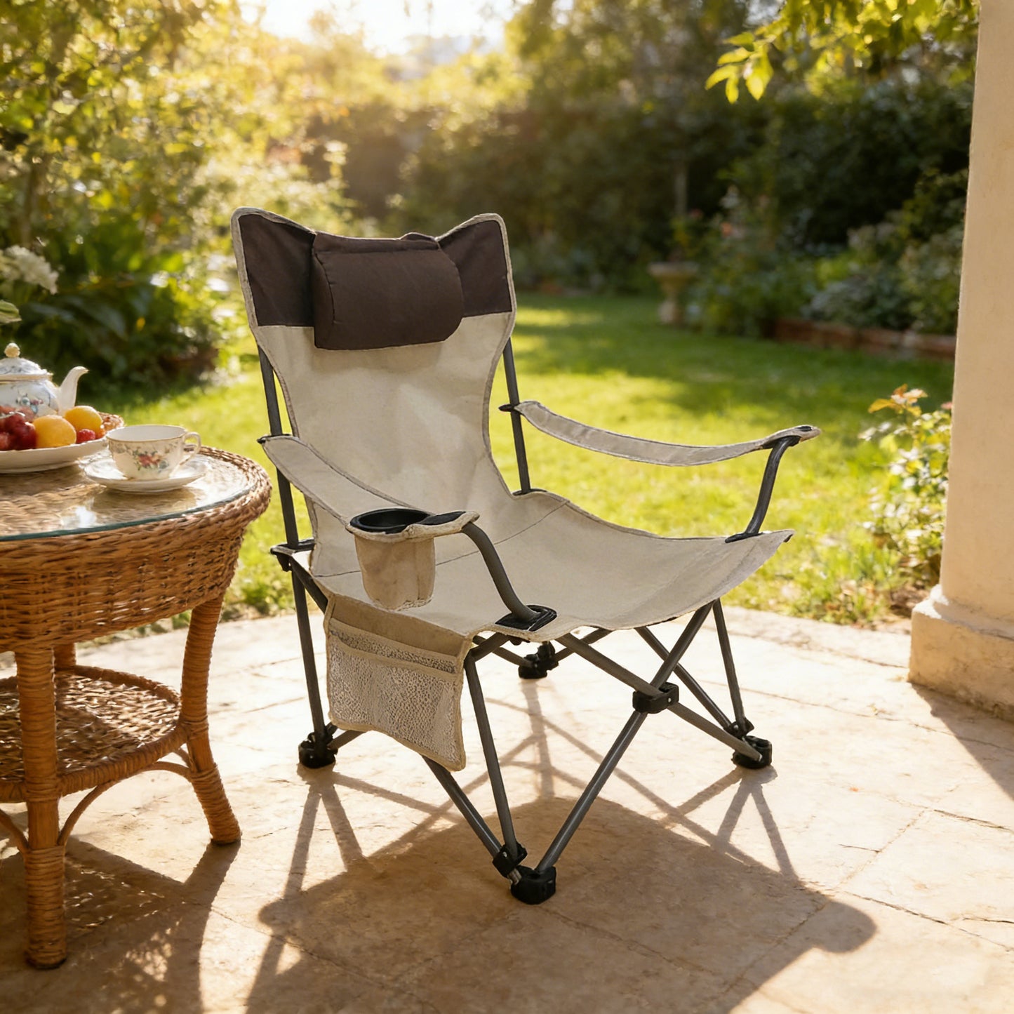 Portable Folding Camping Chair with Cup Holder & Side Pockets - Beige