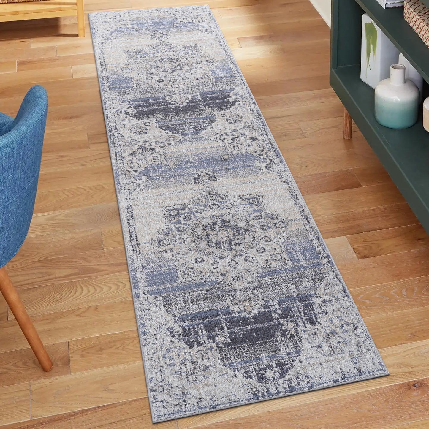PAYAS 2X8 Cream Blue Medallion Runner Rug