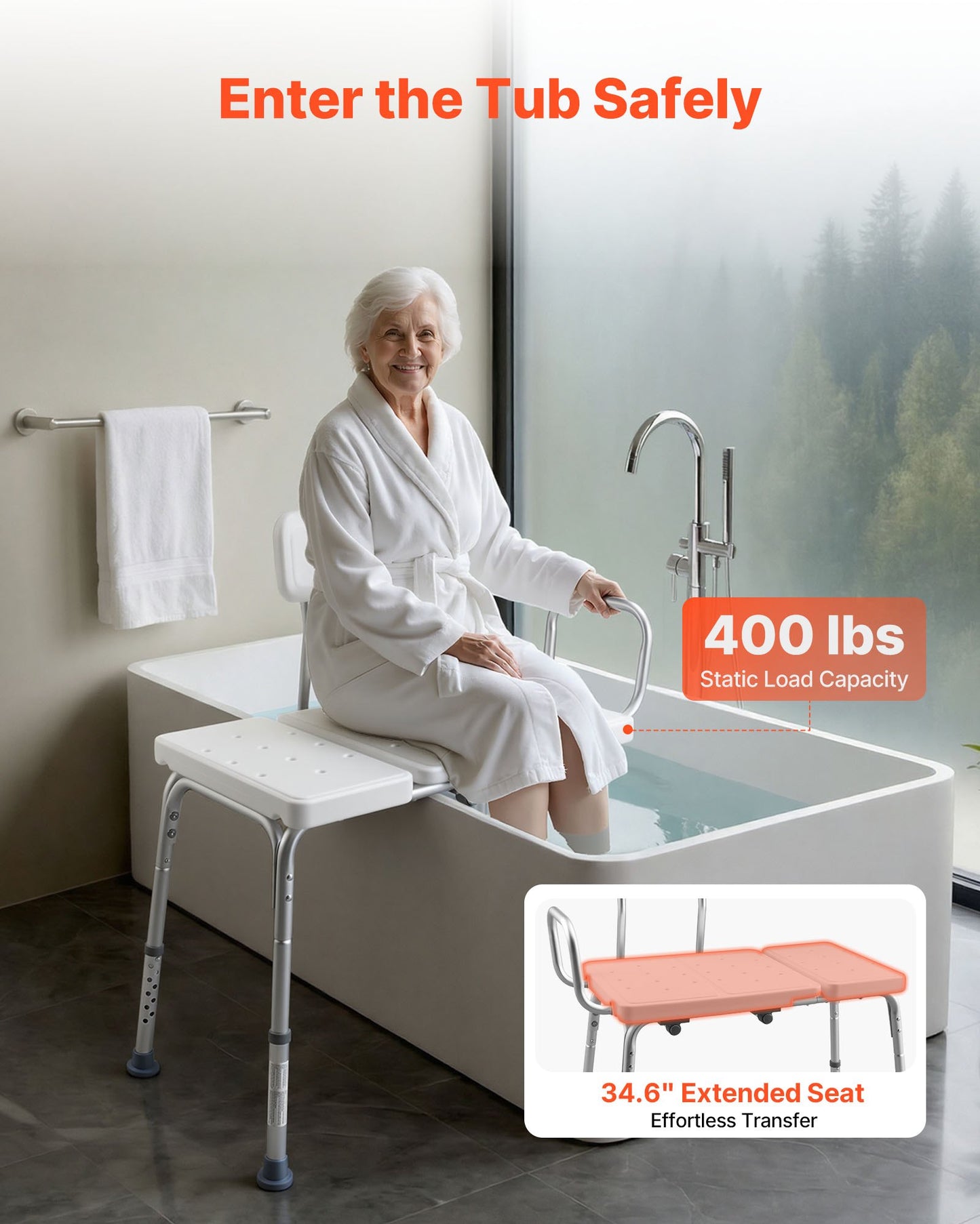 Heavy Duty Tub Transfer Bench for Bathtub with Arm & Backrest - Black