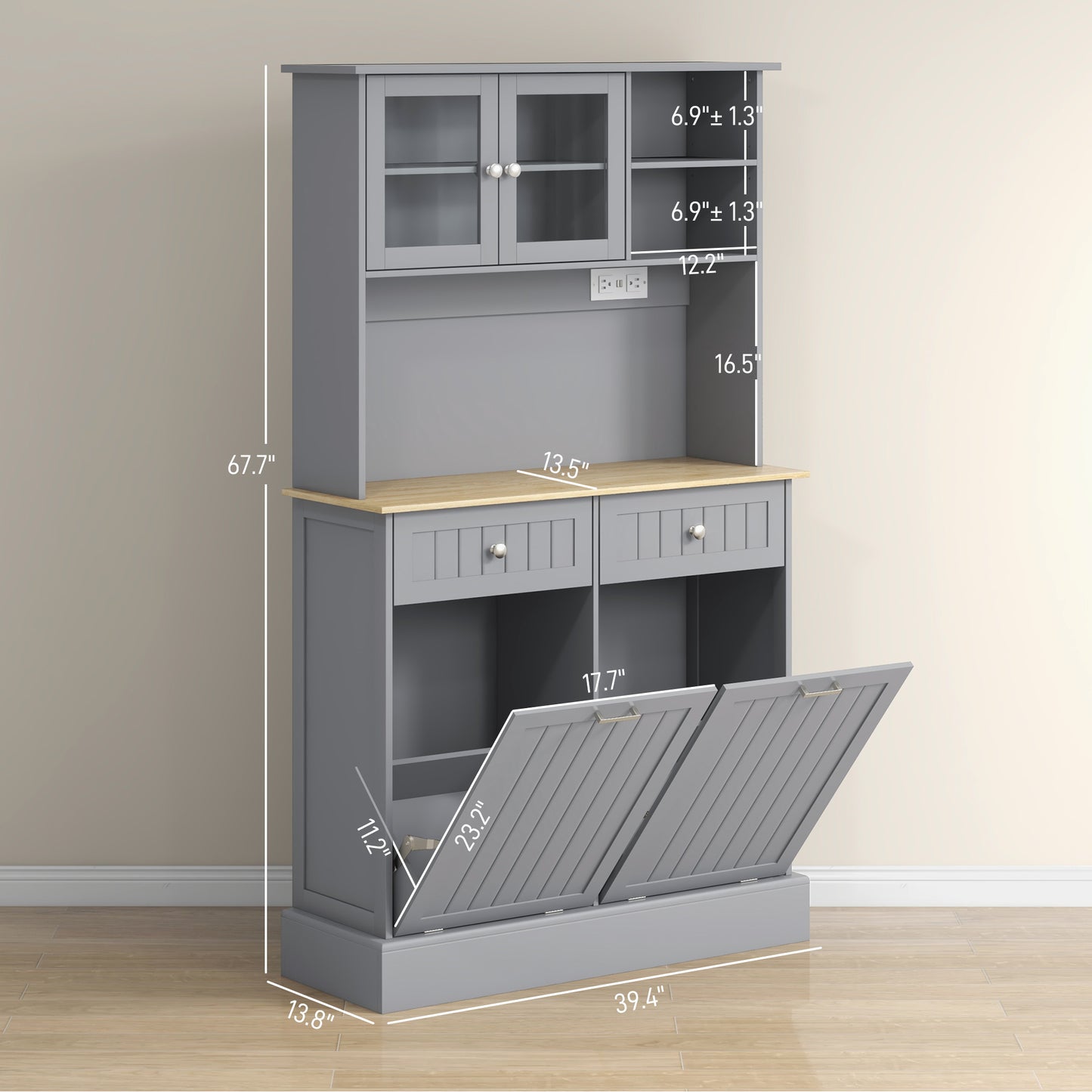 Kitchen Pantry Cabinet with Charging Station & Tilt-Out Cabinets - Gray