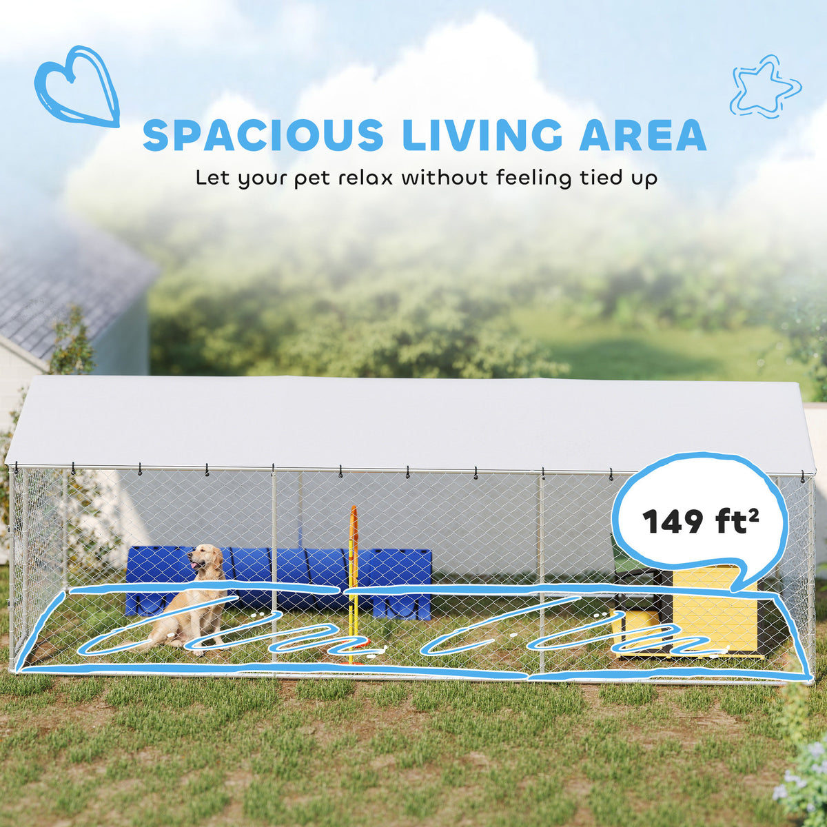 Outdoor Dog Kennel with Waterproof Roof for Small to Large Dogs - Silver