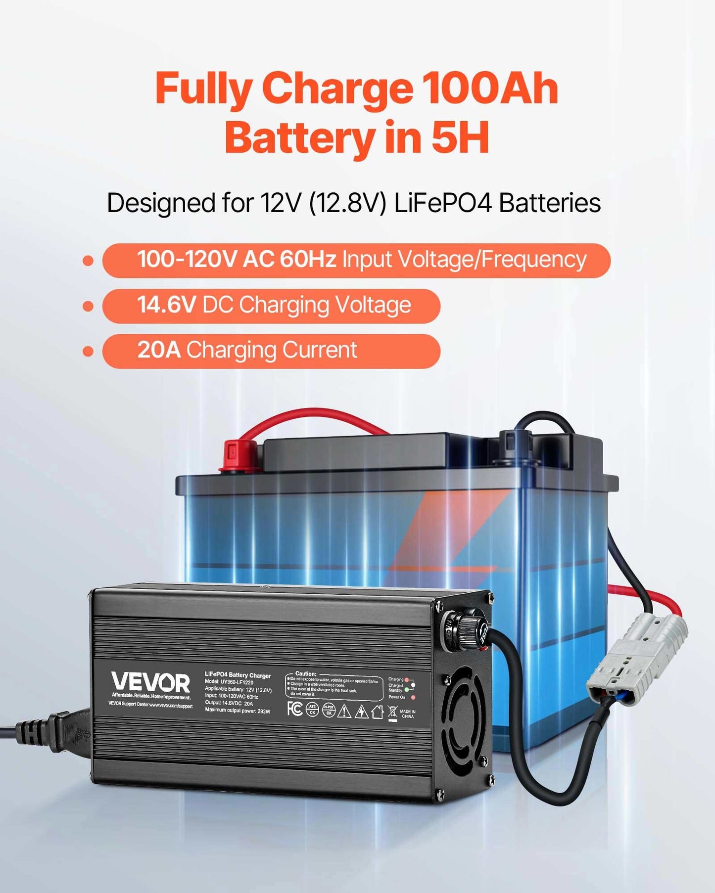 12V 20A Lithium Battery Charger for LiFePO4 Batteries - Smart 14.6V AC/DC