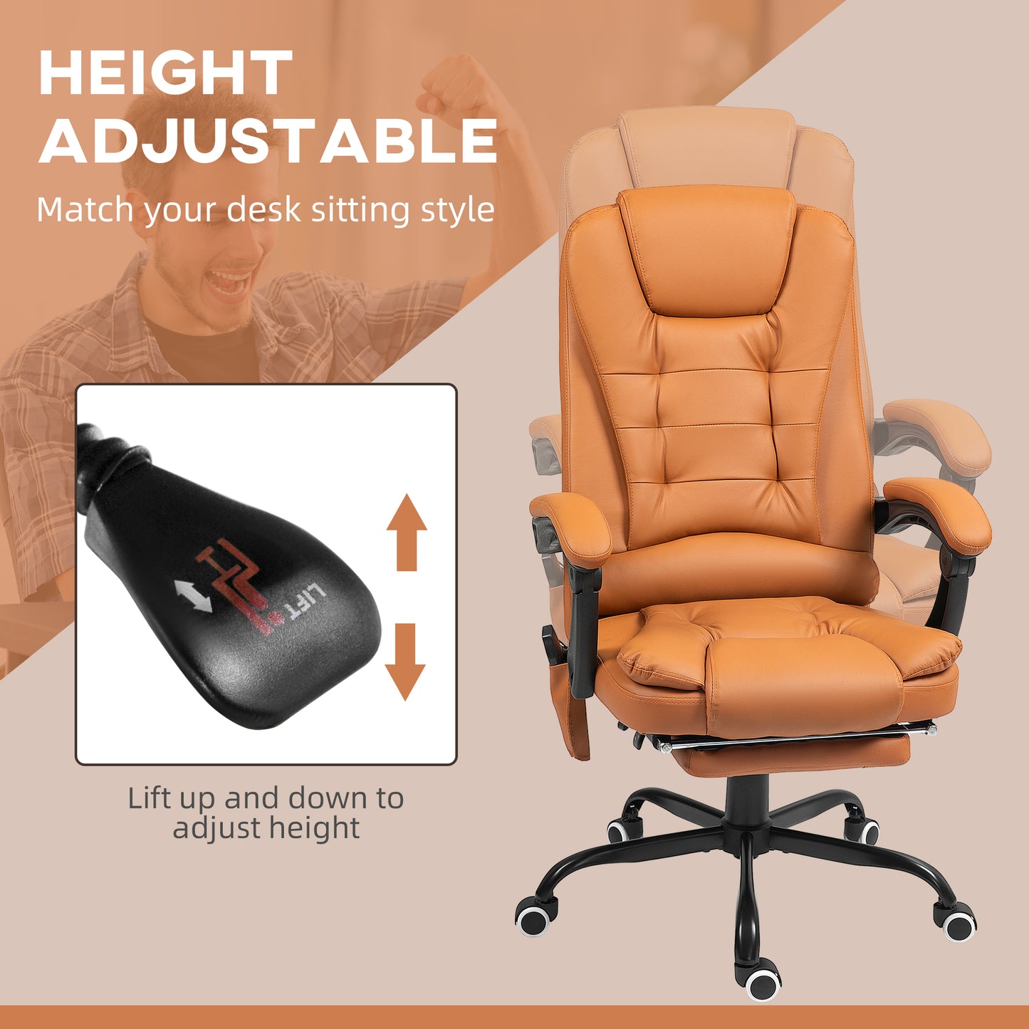 Vibrating Massage Office Chair with Lumbar Support & Footrest - Light Brown