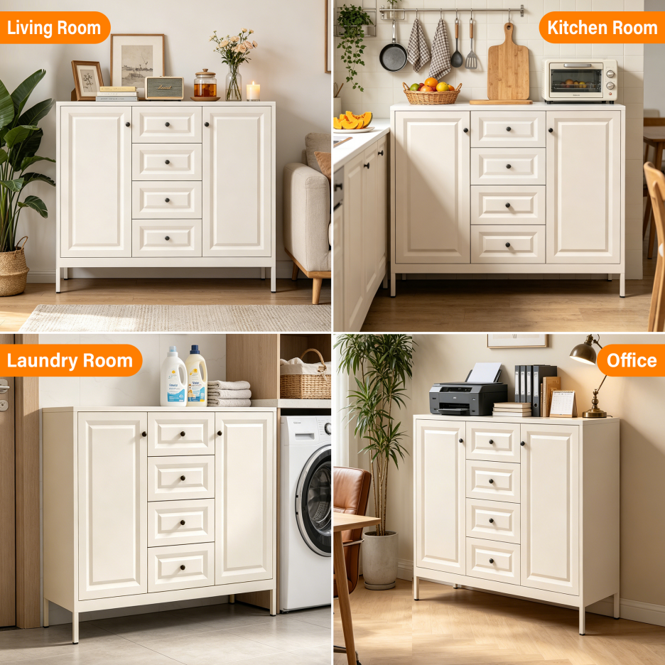 Beige 40.16'' Storage Sideboard Buffet Cabinet with 4 Drawers & 2 Doors
