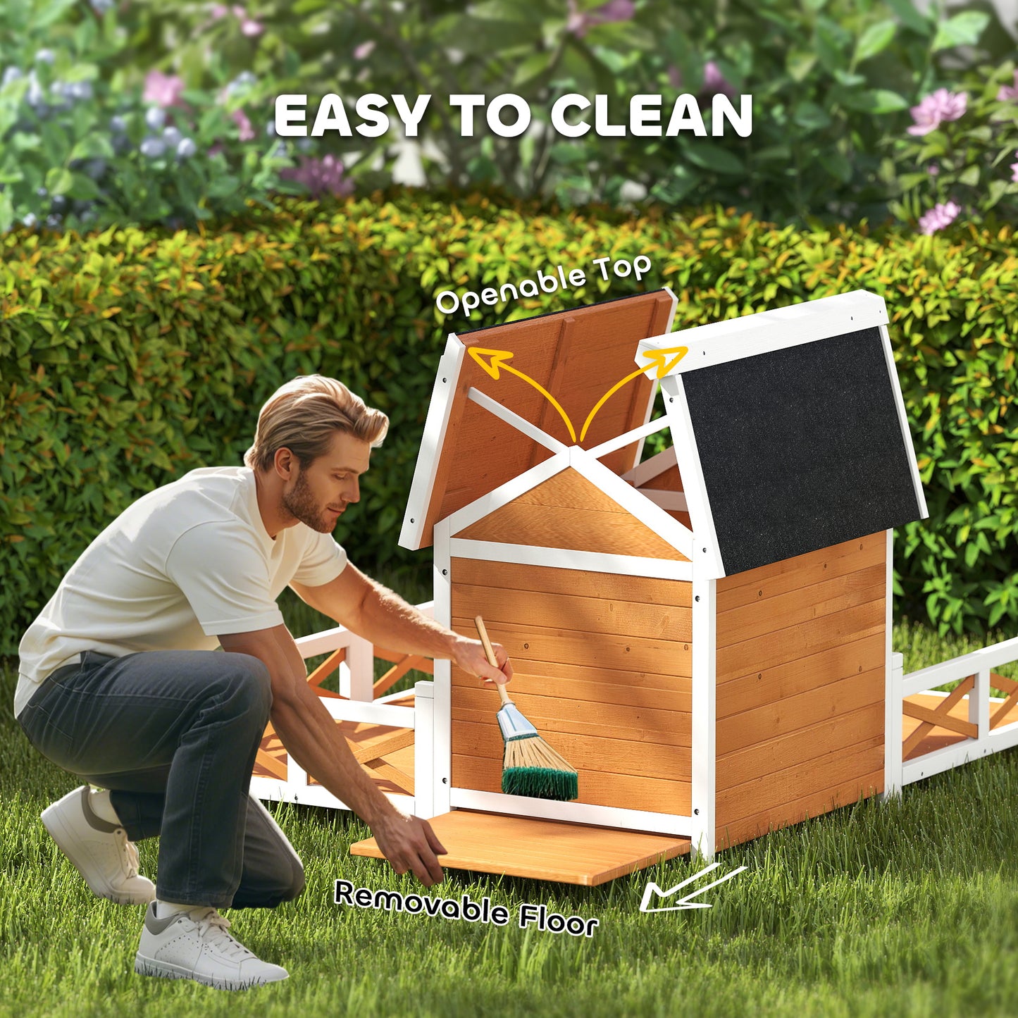 Outdoor Wooden Dog House with Porch, Weatherproof Roof & Removable Floor