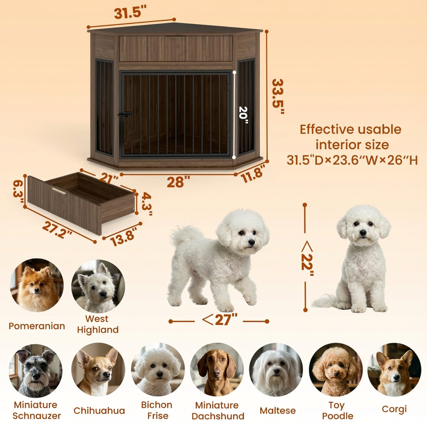 44.6 Corner MDF Dog Crate Furniture For Small Medium Dogs, Decorative