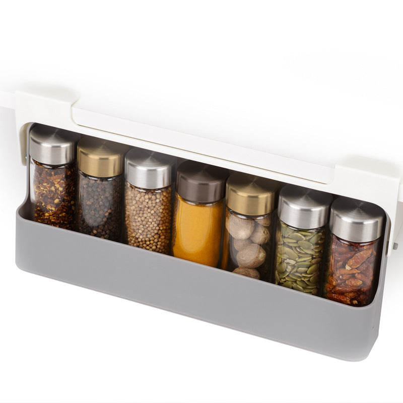 Hanging Spice Jar Storage Rack for Kitchen - 6 Glass Bottles, Punch-Free Design