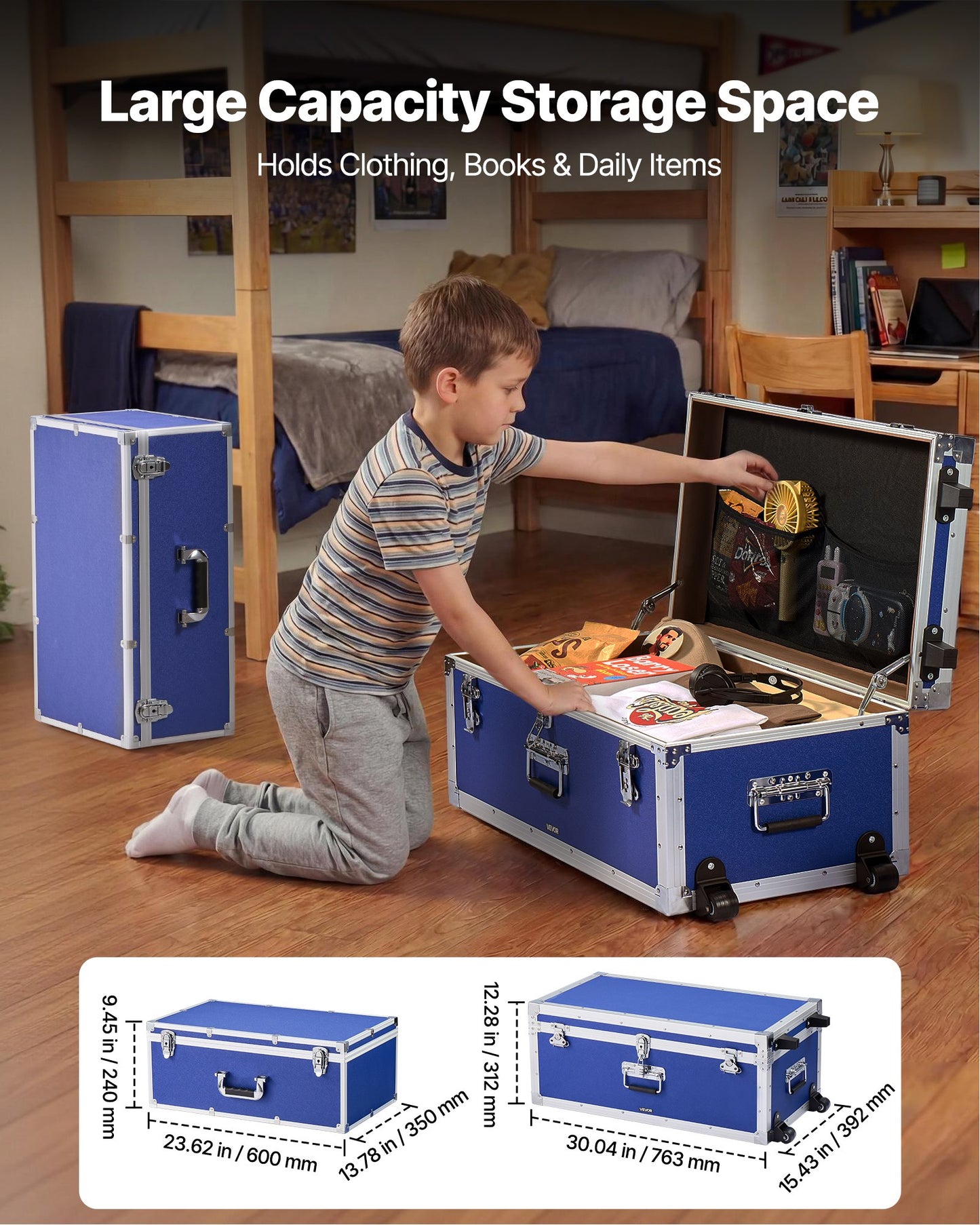 Large Metal Storage Trunk Set of 2 with Casters & Locks, Wooden Suitcase Storage Boxes for Home & Travel, Blue