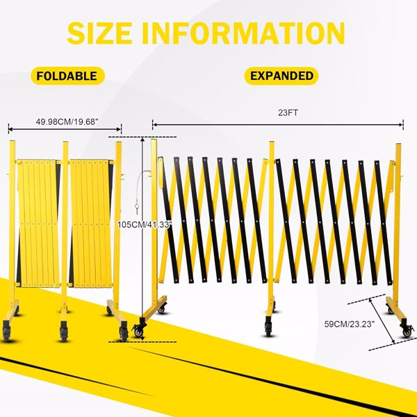 23FT Expandable Metal Barricade with Casters - Traffic & Security Gate for Construction & Outdoor Use