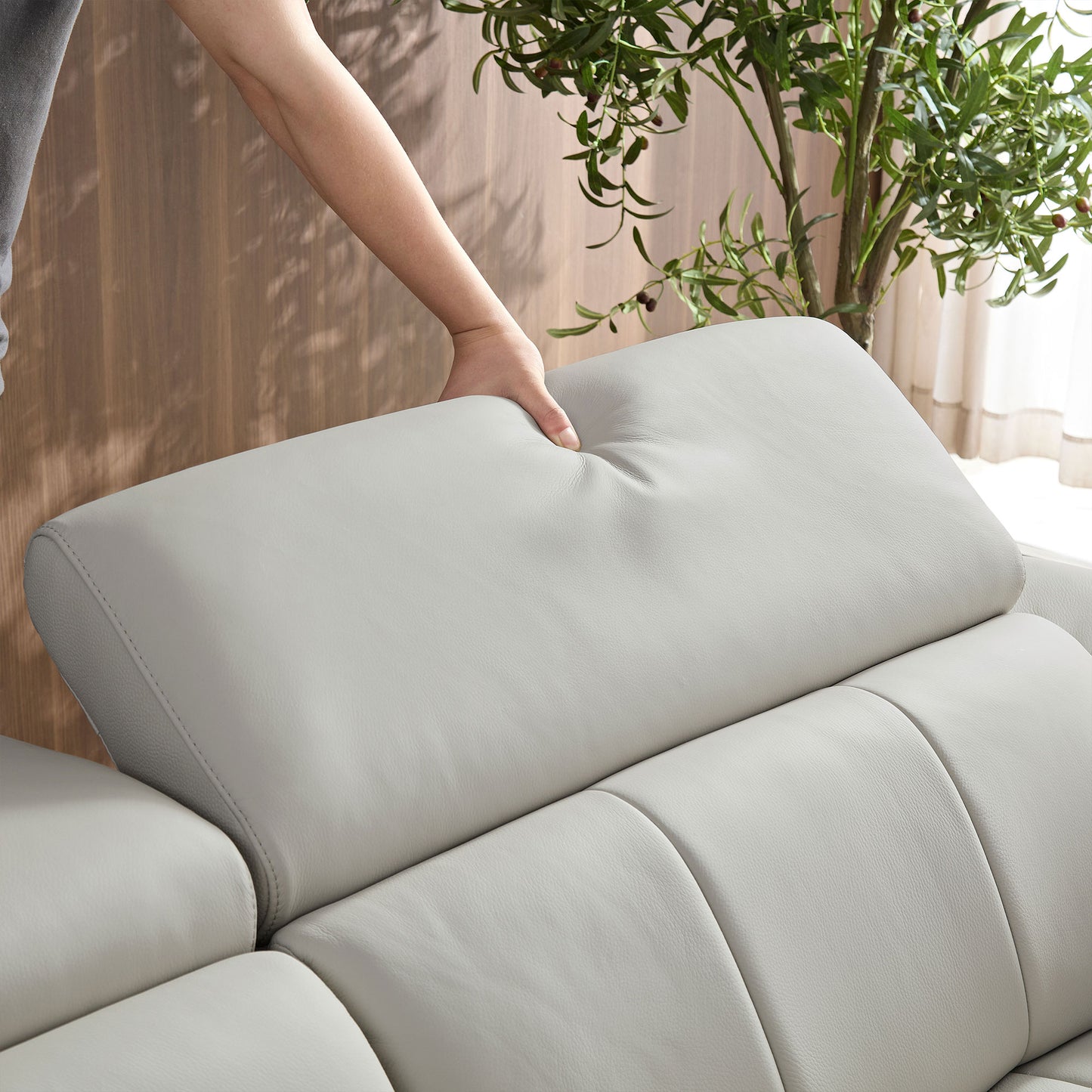 Electric Reclining Sofa - Modern L-Shaped Genuine Leather Couch with USB Port - Light Grey