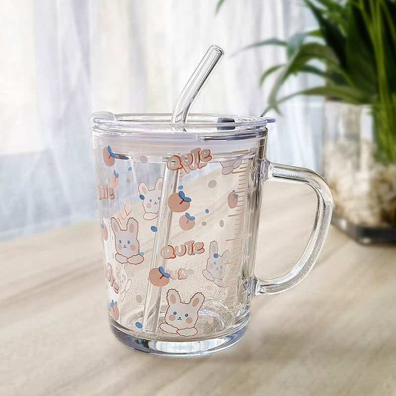 Minimalist Cartoon Glass Water Cup with Straw - Heat-Resistant, 400ML