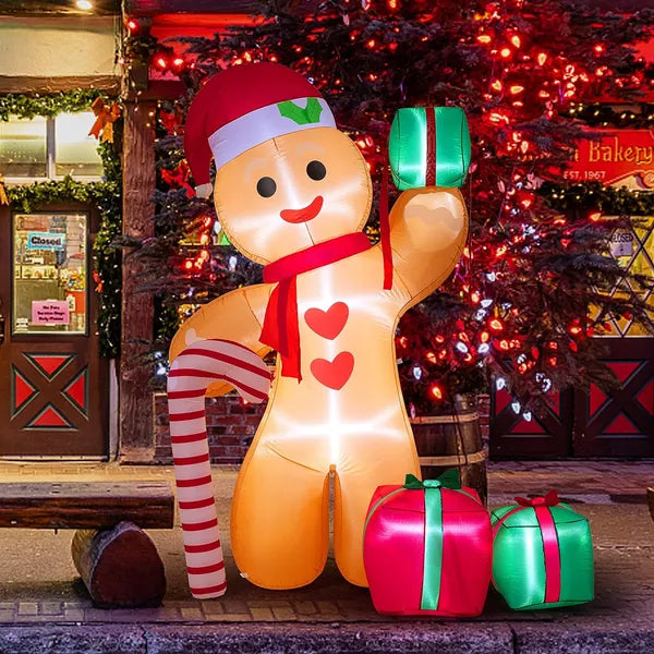 8FT Inflatable Gingerbread Man with Candy Cane and Gift Boxes