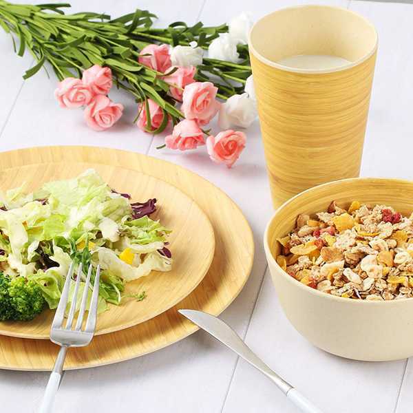 Bamboo Color 4-Piece Tableware Set - Plate, Bowl, Cup for Kitchen & Dining