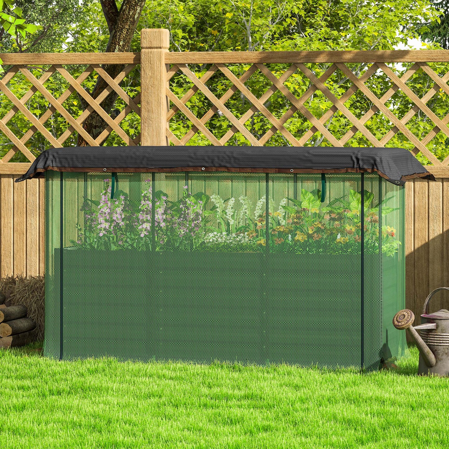 Galvanized Steel Raised Garden Bed with Crop Cage and Shade Cloth - Dark Gray, 695x355x185 mm