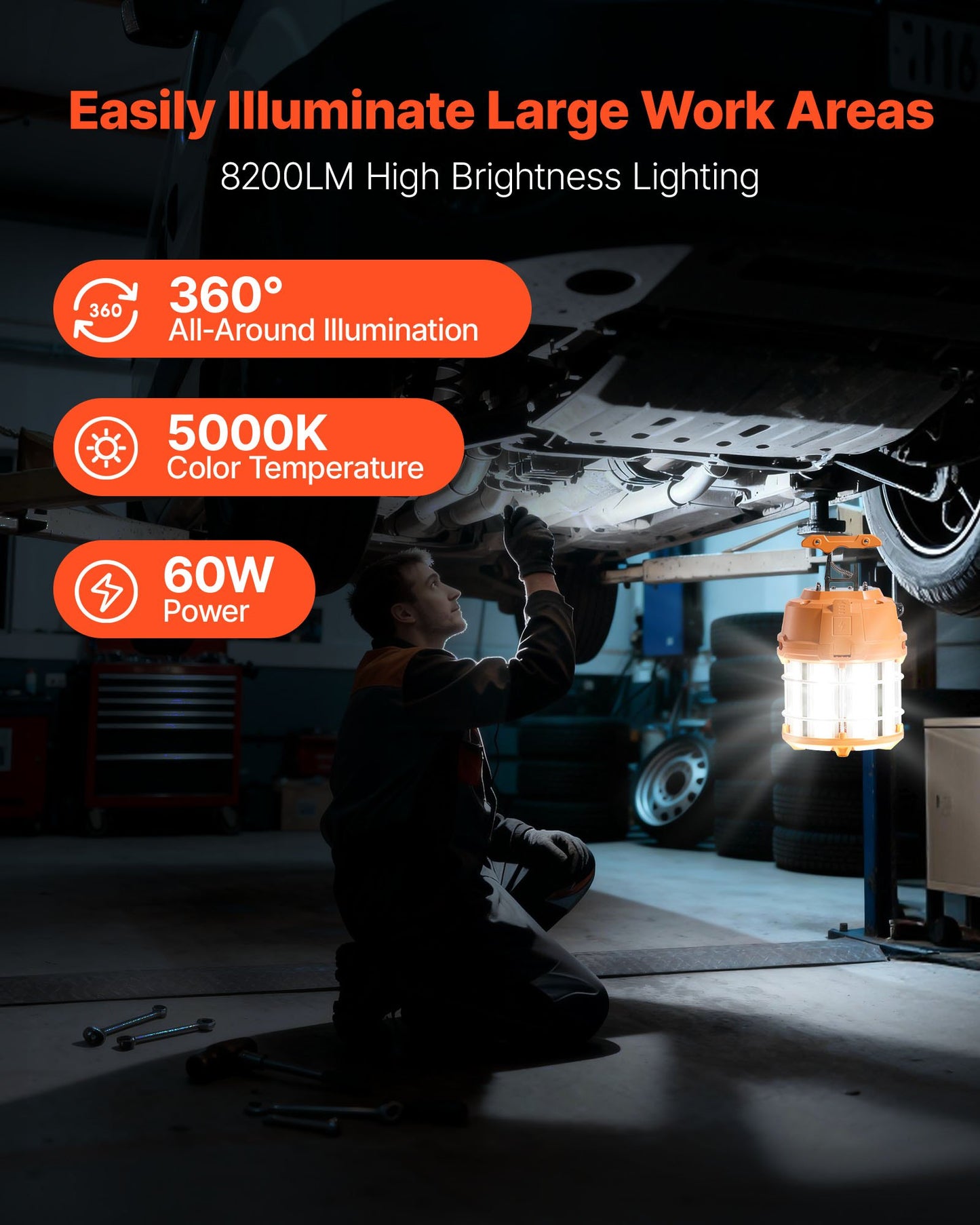 60W LED Temporary Work Light with 8200 Lumens Water-Resistant & Linkable for Construction & Workshop