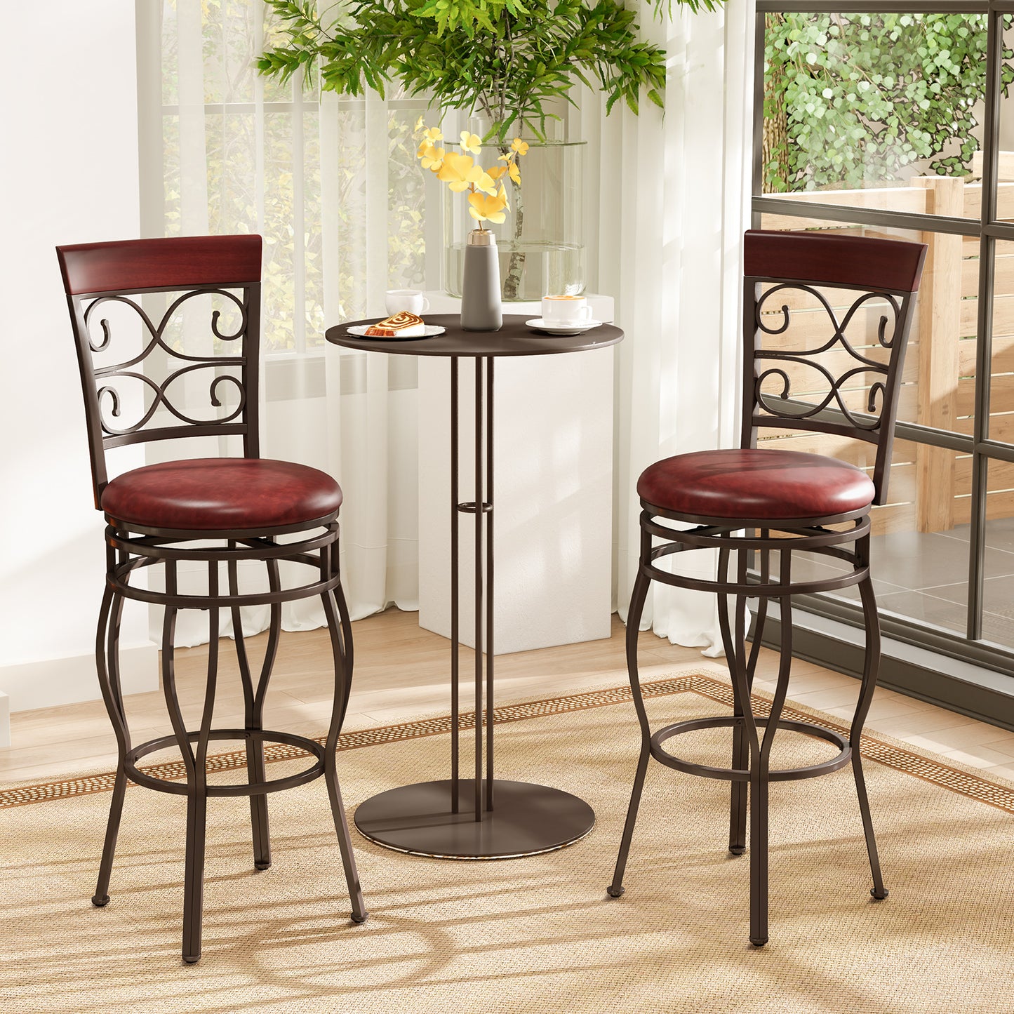 30-Inch Swivel Bar Stools with Leather Padded Seats - Brown Set of 2
