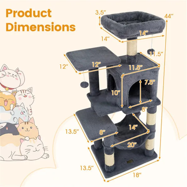 44-Inch Multi-Level Cat Tree with Spacious Perch, Condo & Hammock - Gray