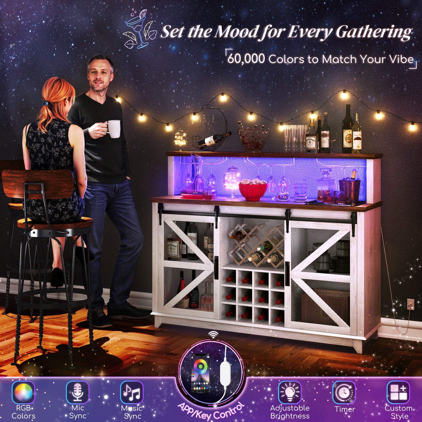 55" Farmhouse Coffee Bar Cabinet with LED Lights - Distressed White