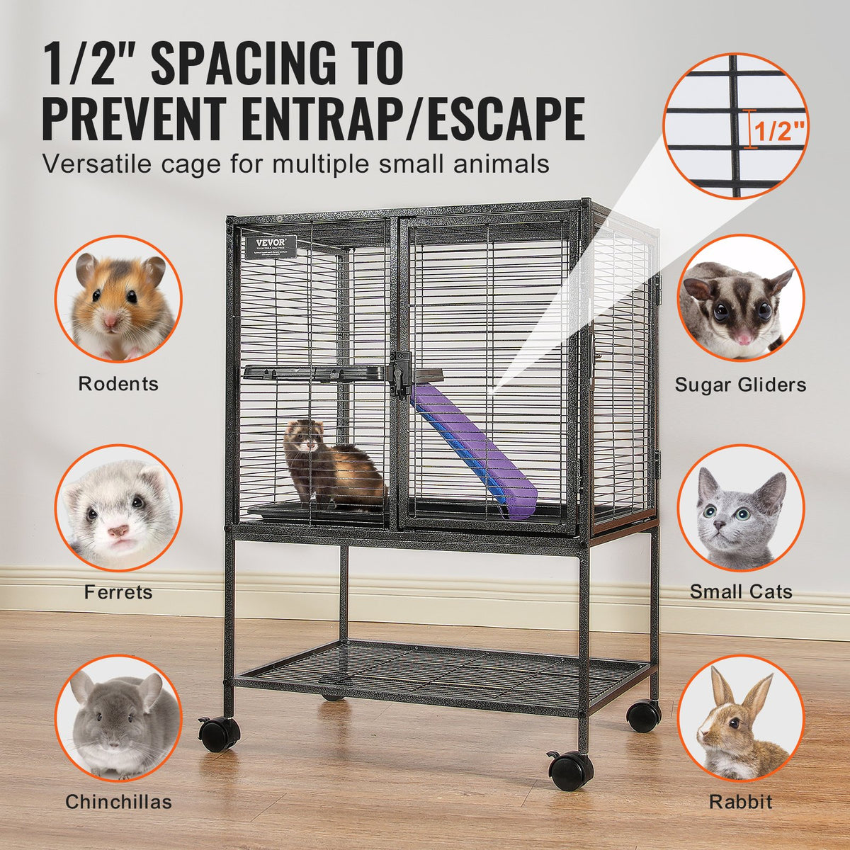 Small Animal Cage 2-Tier Rolling Ferret Enclosure with Tray and Ramp - Black