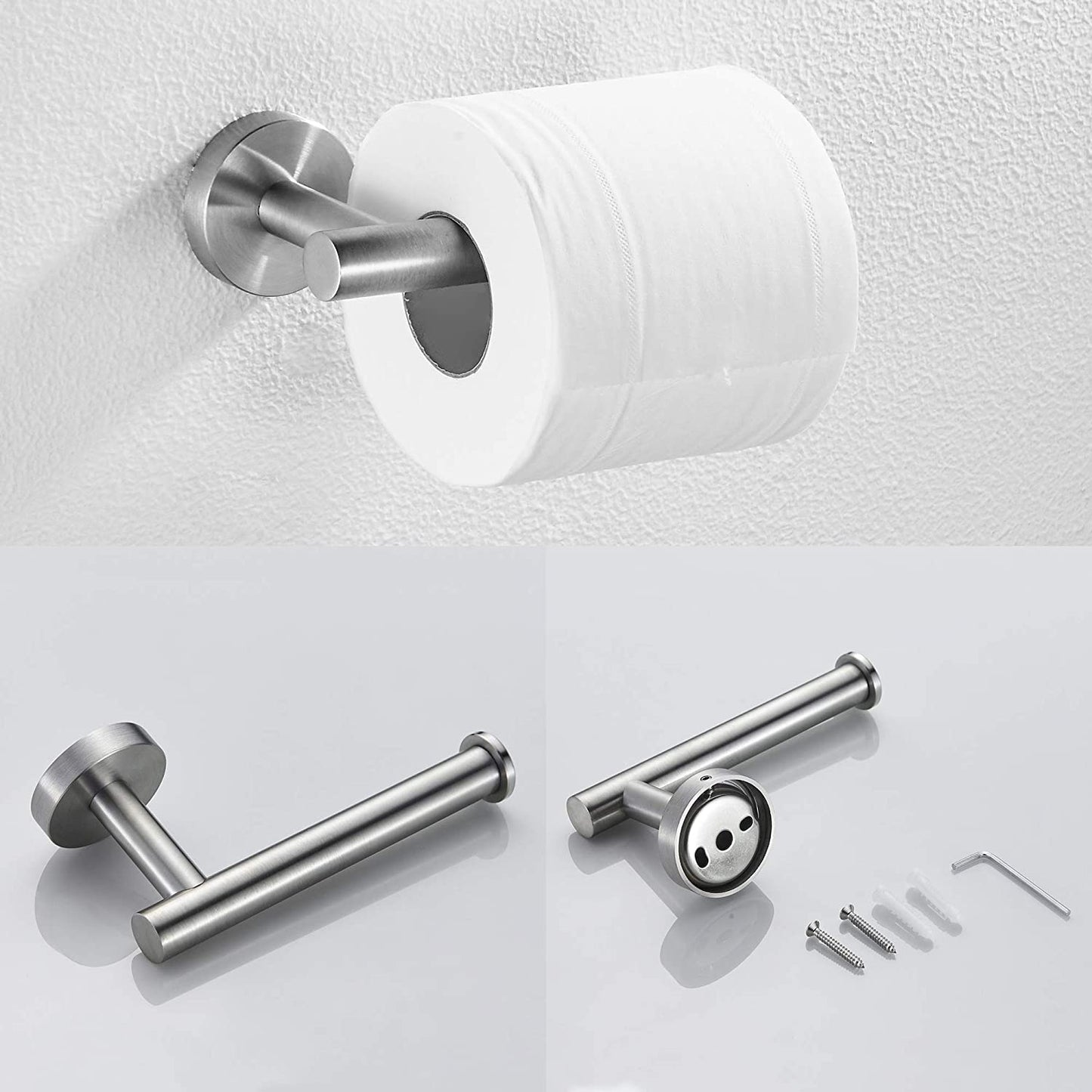 3-Piece Bathroom Hardware Set - Brushed Nickel Towel Bar, Toilet Paper Holder & Robe Hooks