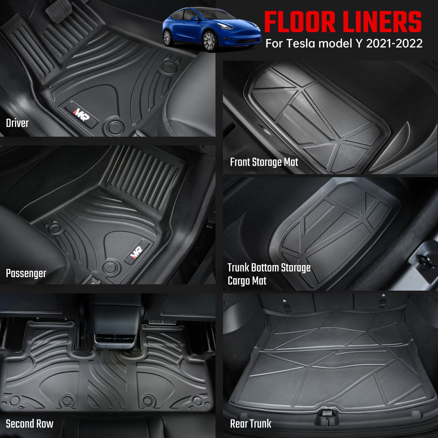 All-Weather TPE Floor Mats for Tesla Model Y 2021-2022 - Black 6 PCS Set