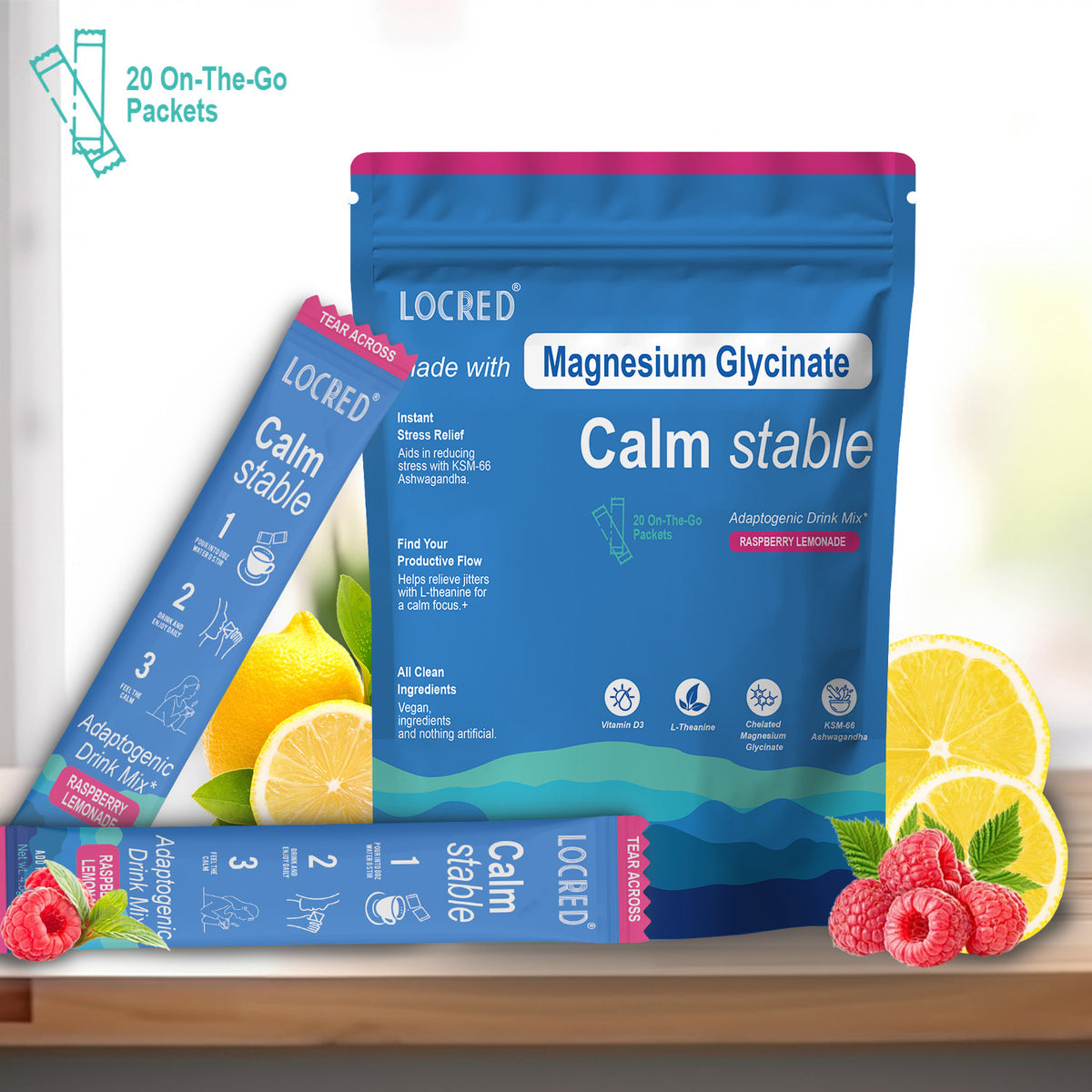 Magnesium Glycinate Powder Drink Mix - Raspberry Lemon, 20 Packets