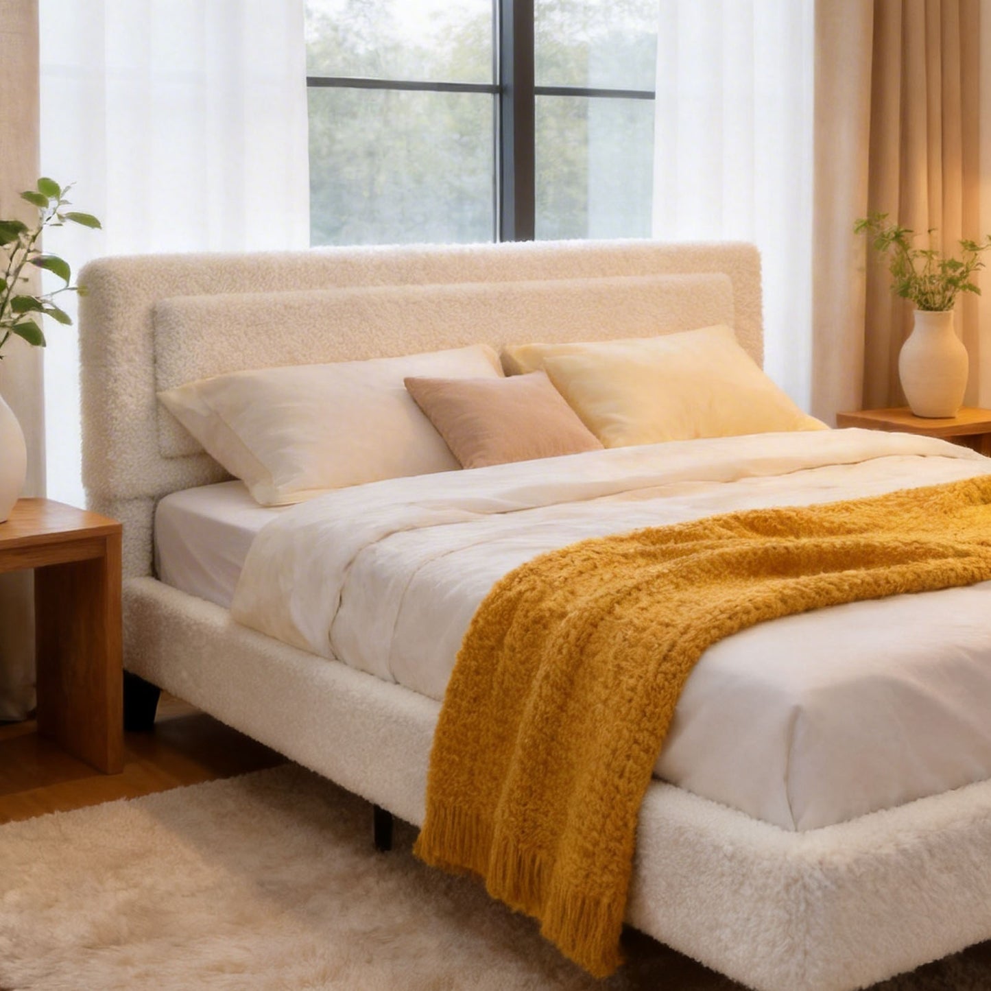 King Size Bed Frame With Adjustable Headboard Wood Slat Upholstered