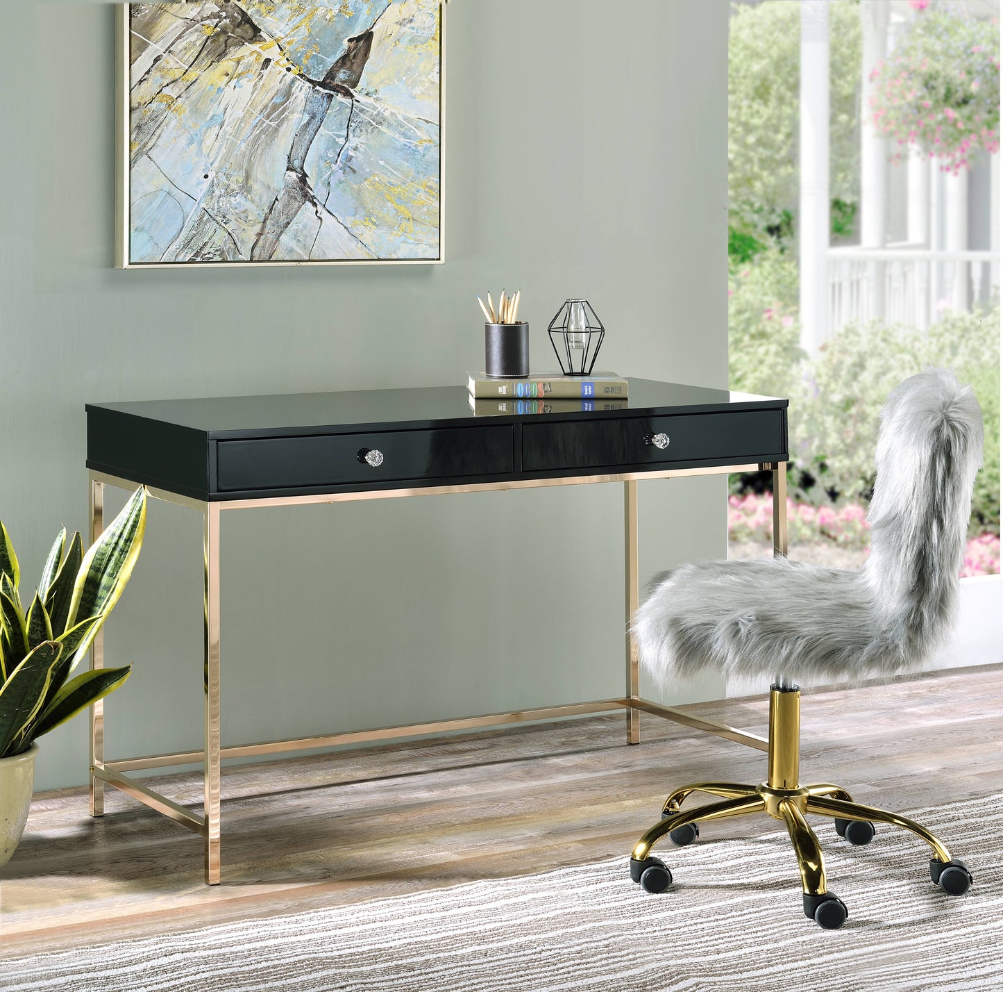 Black High Gloss & Gold Finish Writing Desk with 2 Drawers