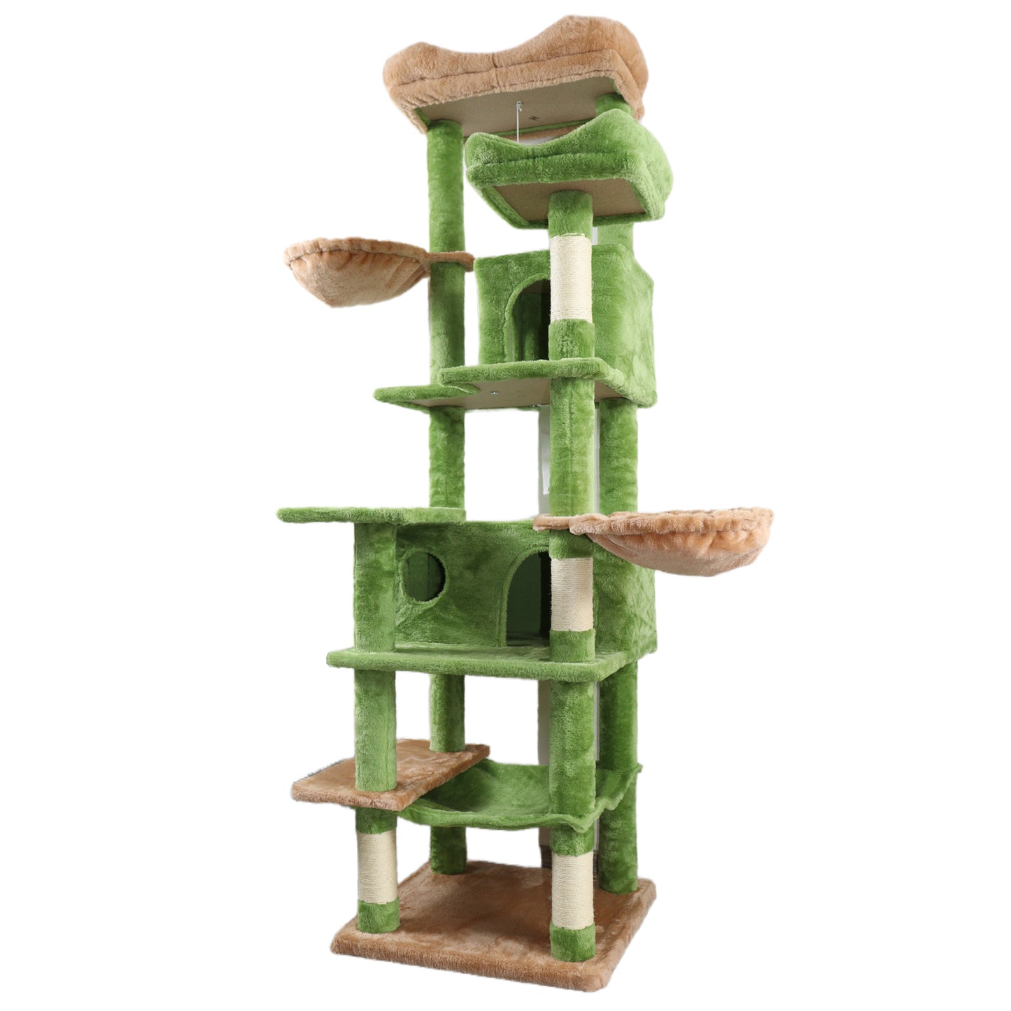 Tall Multi-Level Green Cat Tree with Hammocks and Scratching Posts - Plush Cat Tower for Indoor Cats