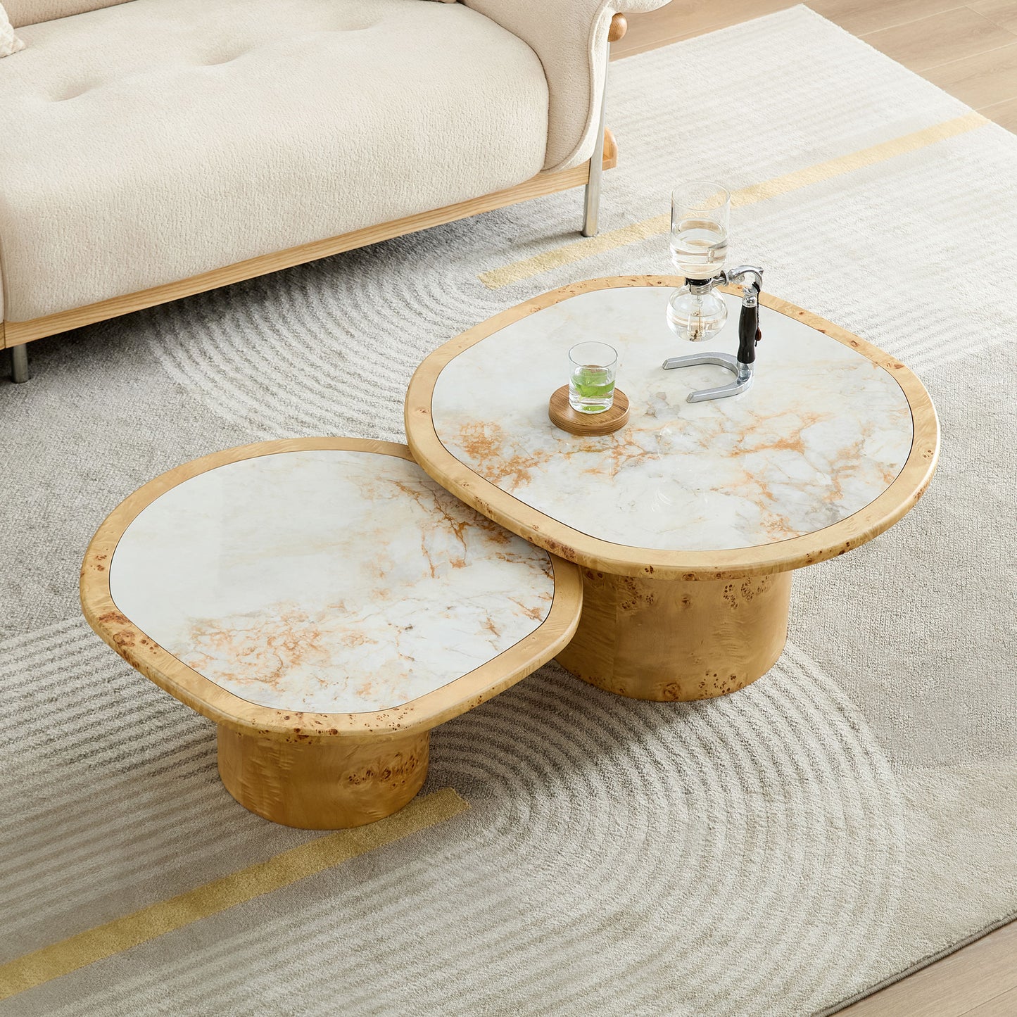 Natural Burl Wood Coffee Table Set - 2-Piece Sintered Stone Top