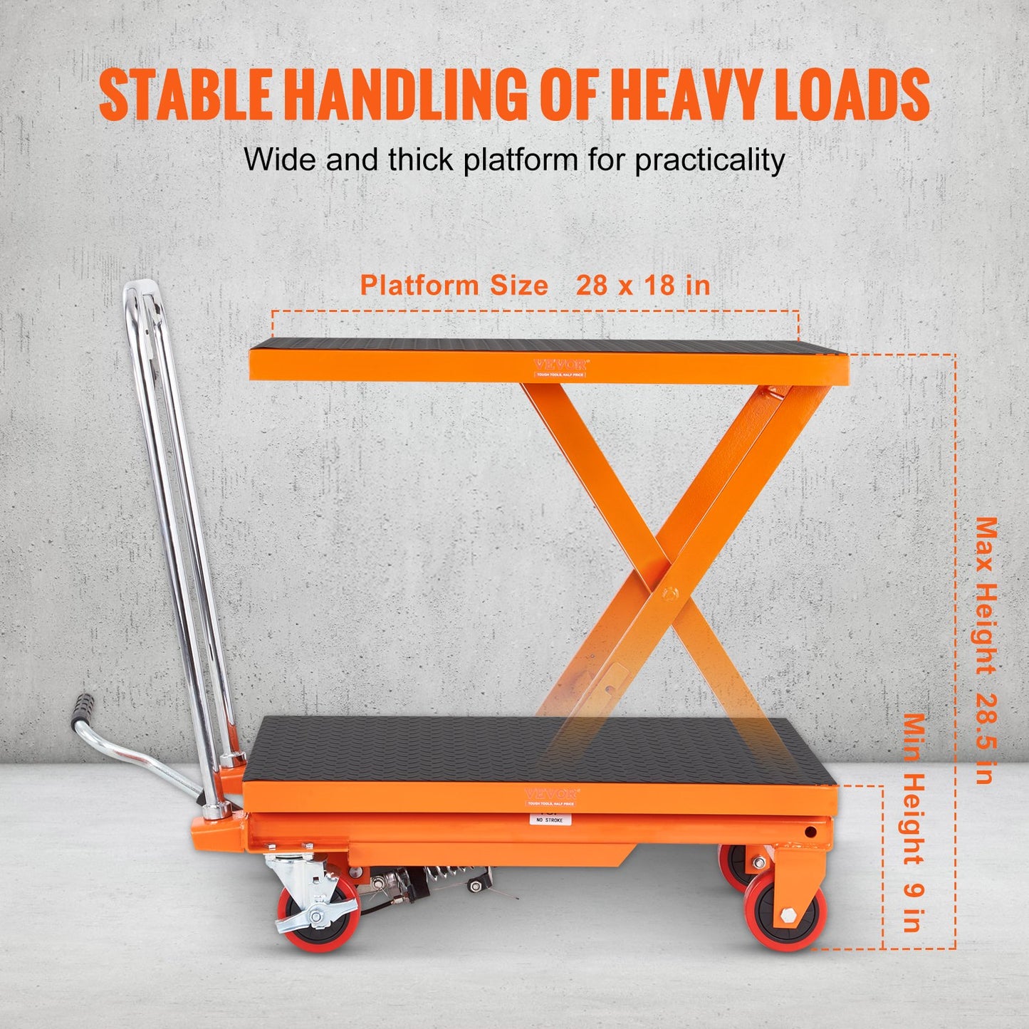 Hydraulic Lift Table Cart 500lb Capacity with Wheels & Non-Slip Pad - Orange