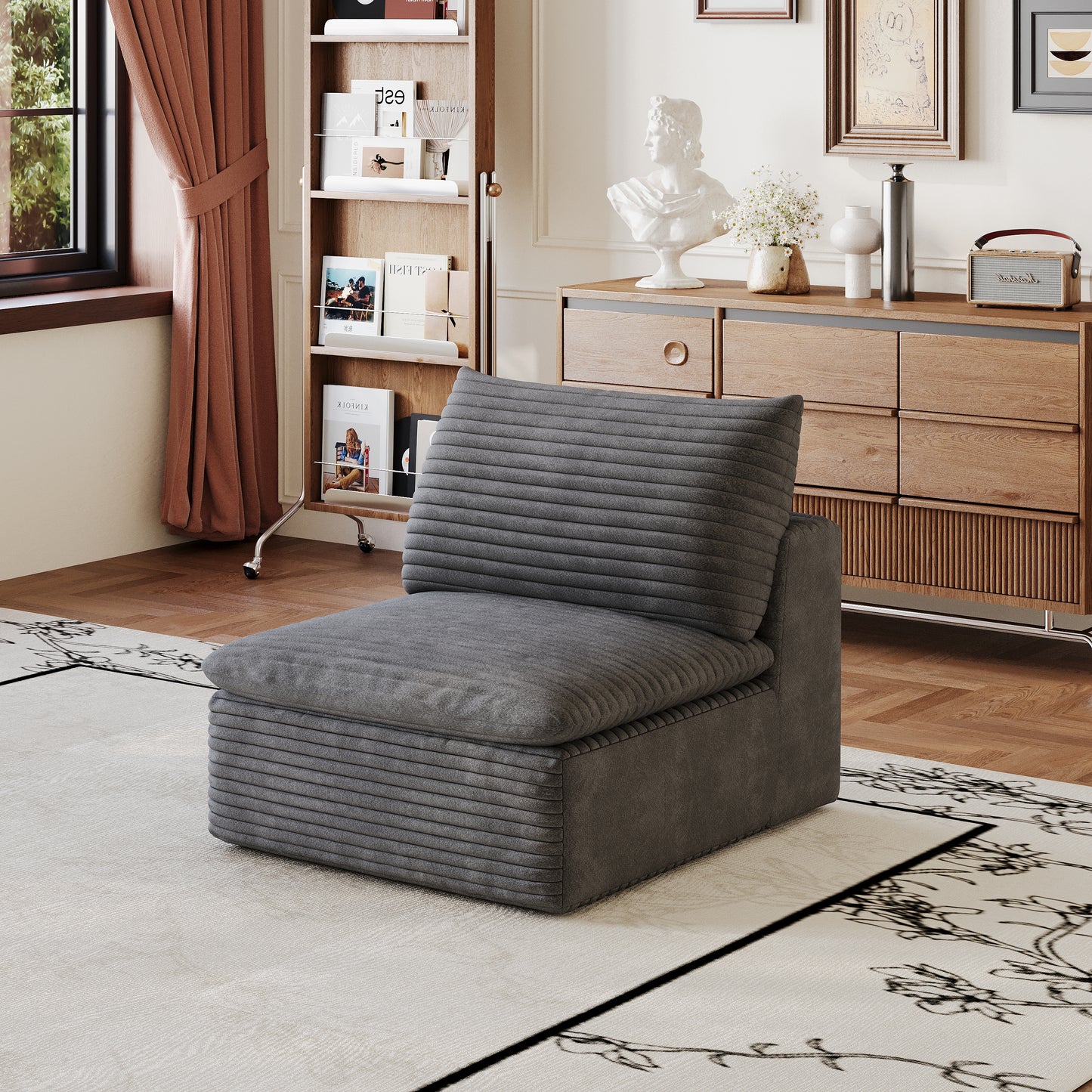 Dark Grey 1 Middle Seat and Ottoman Set - Fabric, Foam