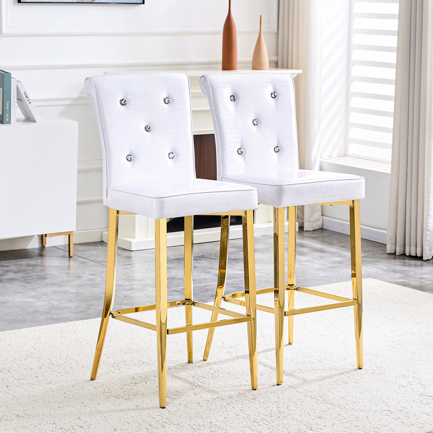 A Set Of 2 White And Gold Vintage Crocodile Leather Bar Chairs,