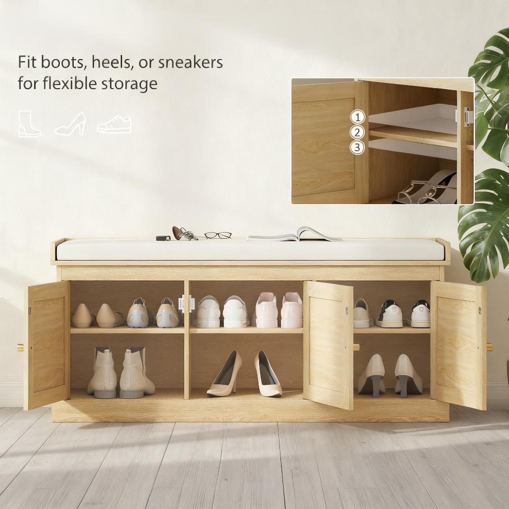 Shoe Storage Bench with Woven Rattan Doors - Cream White Oak