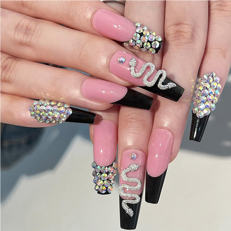 24 PCS Diamond Snake Press-On Nails - Long Square Fake Nail Tips - Pink