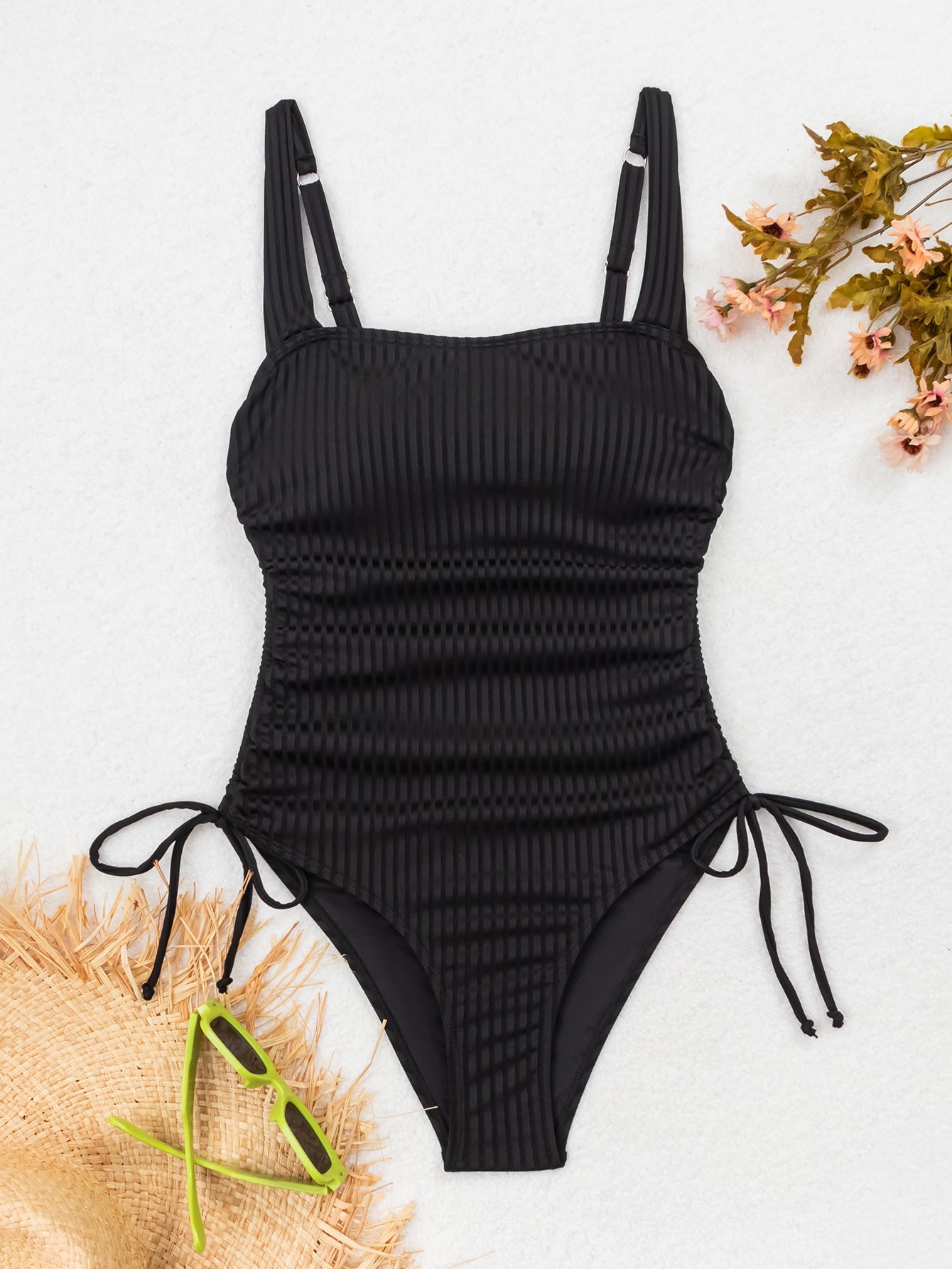 Ribbed Square Neck One Piece Swimsuit - Adjustable Side Tie High Cut