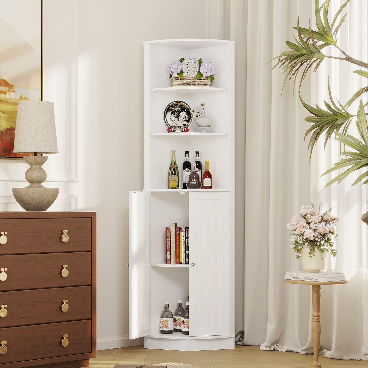 67" Tall Corner Cabinet with 2 Doors and Adjustable Shelves - White