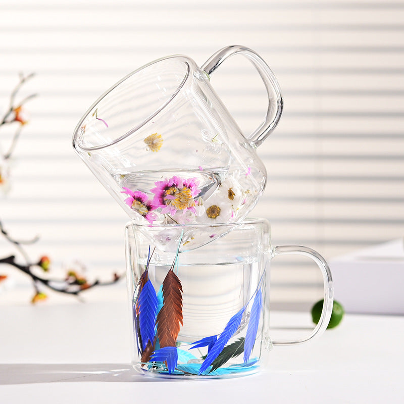 Double-Layer Borosilicate Glass Flower Pattern Cup - 200ml, High Temperature Resistant