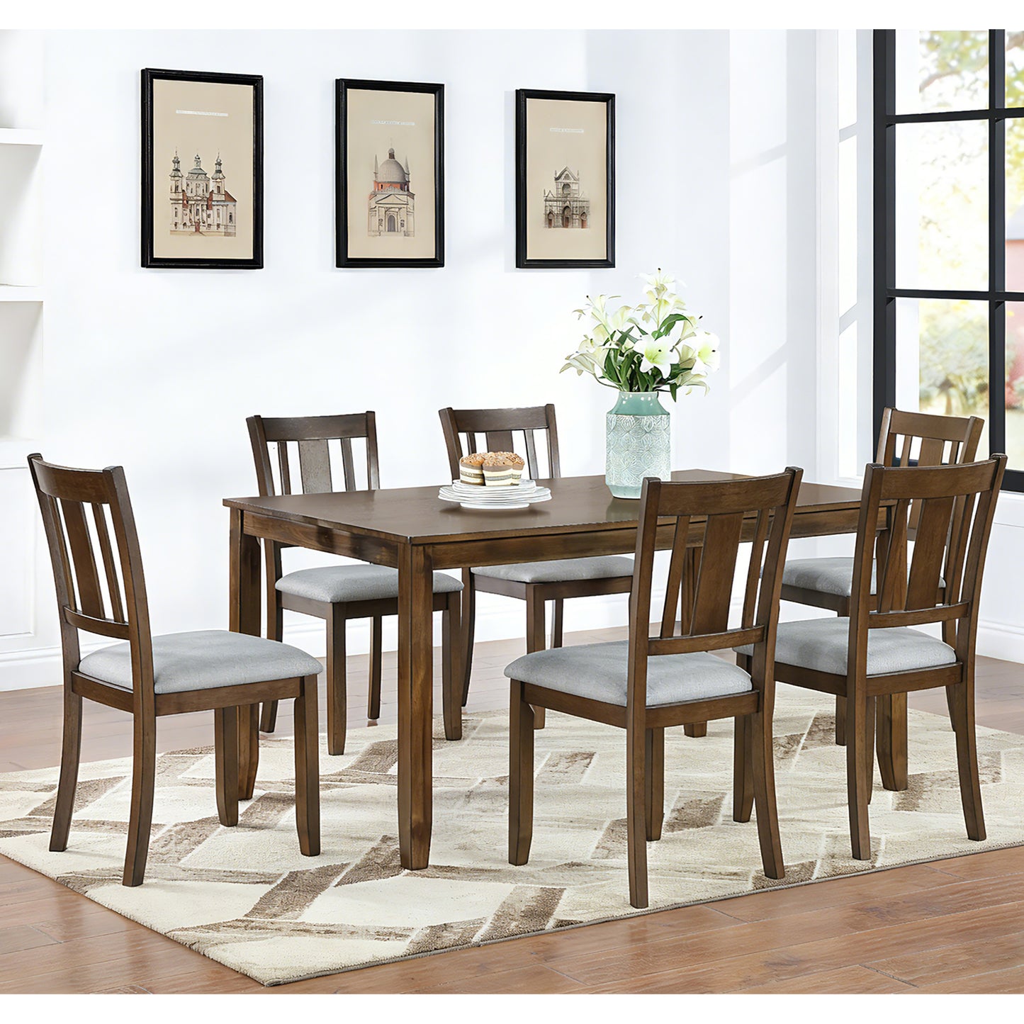 7-Piece Dining Table Set with 6 Upholstered Chairs - Walnut