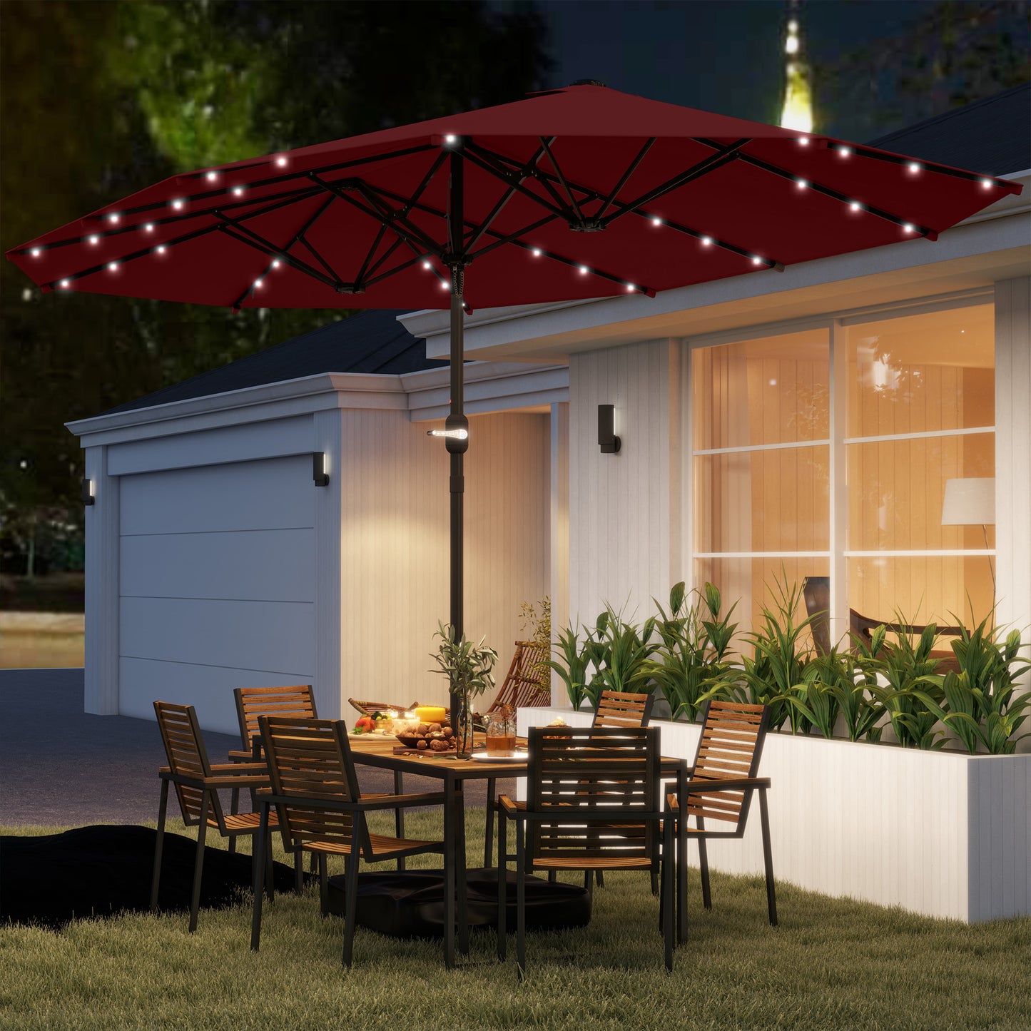 14.4ft Double-Sided Garden Parasol with Solar LED Lights - Wine Red