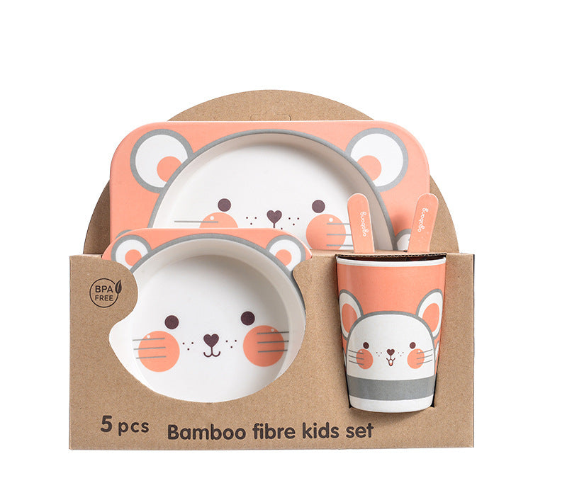 Baby Bamboo Tableware Set 5pcs - Cartoon Childrens Dinnerware for Kids