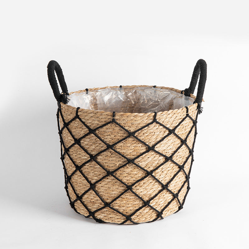 Floor-standing Flower Basket with Woven Straw Design - Garden & Home Decor